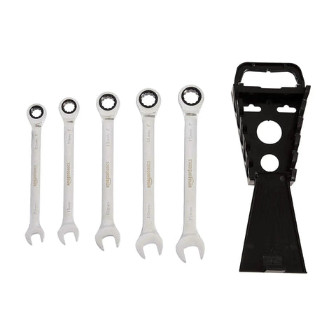 Metric Ratcheting Wrench Set 5 Piece With 72 Tooth Ratchet Chrome Vanadium Steel Construction Built For Tough As Nails Jobs Includes 10mm 11mm 13mm 14mm 15mm Sizes In Black And Silver Finish displayed with black holder