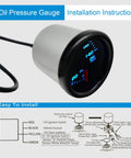 Angled front view of a 52mm oil pressure gauge with blue LED backlight, 0–140 PSI, and wiring harness