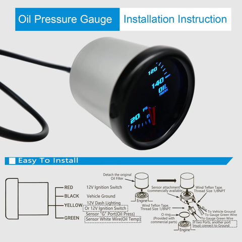 Angled front view of a 52mm oil pressure gauge with blue LED backlight, 0–140 PSI, and wiring harness