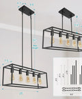 Industrial Black Farmhouse Chandelier Over Table 5 Light Rectangle Hanging Light with dimensions and adjustable height rods