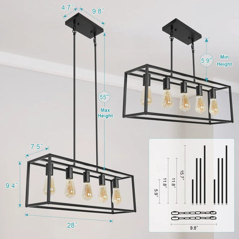 Industrial Black Farmhouse Chandelier Over Table 5 Light Rectangle Hanging Light with dimensions and adjustable height rods