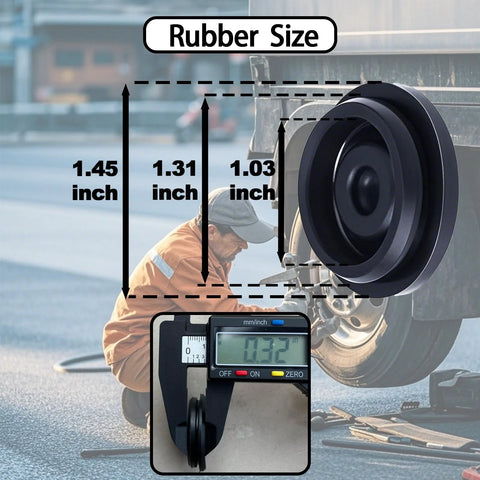 Side view of black rubber trailer hub cap plug set, four pieces for 1.98/2.44/2.72 inch trailer axles.