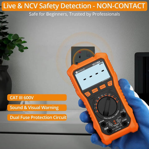 6000 Counts Digital Multimeter With TRMS Auto Range Backlit Display showcasing NCV detection and CAT III 600V capability