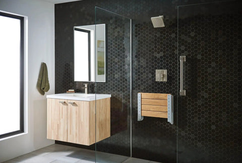 12 Inch Stainless Steel Bathroom Grab Bar In Brushed Nickel For Safety And ADA Compliance in modern shower with black tiles
