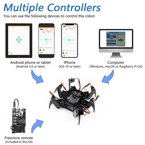 Six Leg Hexapod Robot Kit With Remote For DIY Makers That Walks Crawls And Twists Works With Arduino IDE App Remote Control Easy Programming With Sample Code Library Ideal STEM Project controller options