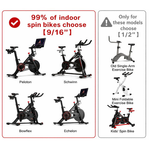 Diagram showing bike compatibility with Dual Size Bike Pedals With Straps for Peloton, Schwinn, Bowflex, 9/16 and 1/2 inch options.
