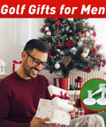 Man receiving golf gift with Adjustable Golf Tees 3 Pack White For Men Unbreakable Durable Practice Tees featured in holiday setting.