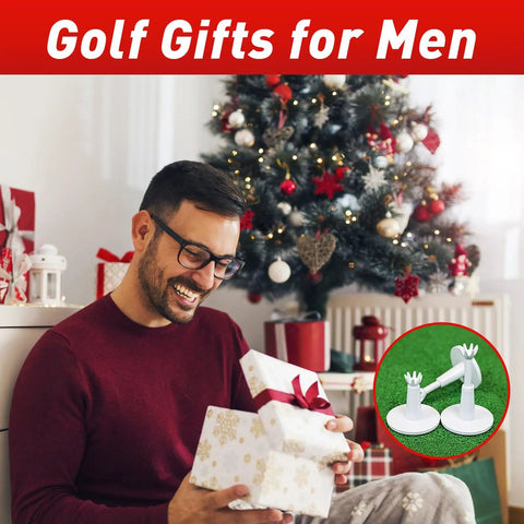 Man receiving golf gift with Adjustable Golf Tees 3 Pack White For Men Unbreakable Durable Practice Tees featured in holiday setting.
