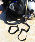 Elastic Scuba Tank Strap Retainer Band Heavy Duty Carrier For Underwater Diving Gear next to complete scuba setup on tile floor