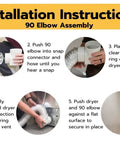 Installation instructions for 90 Degree Dryer Vent Hose Connector Kit For Tight Spaces, showing step-by-step DIY assembly.
