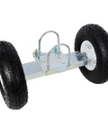 Ten Inch Heavy Duty Gate Wheels With Smooth Pneumatic Tires Supporting Three Hundred Pounds On Chain Link Fences And Metal Tube Gates featuring a zinc steel frame and caster wheels.