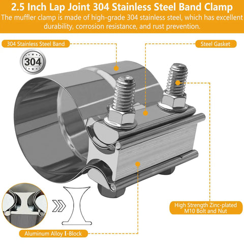 2.5 Inch Exhaust Clamp Set Built Tough From 304 Stainless Steel Lap Joint Band Clamps For 2.5 Inch OD To 2.5 Inch ID Exhaust Pipe Repair