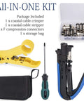 Coax Cable Crimping Kit With Adjustable Compression Tool for RG6 RG59 RG11, includes cable stripper, F connectors, tools, and bag.