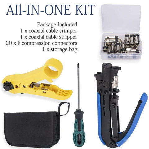 Coax Cable Crimping Kit With Adjustable Compression Tool for RG6 RG59 RG11, includes cable stripper, F connectors, tools, and bag.