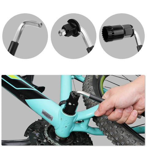 Bike Crank Puller Tool Set With Bottom Bracket Remover And Allen Key Wrench in use on turquoise bike frame