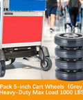 Four Pack 5 Inch Shopping Cart Replacement Wheels Kit with axles bolts, stacked next to a shopping cart in a store setting.