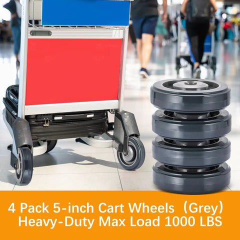 Four Pack 5 Inch Shopping Cart Replacement Wheels Kit with axles bolts, stacked next to a shopping cart in a store setting.