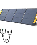 200W Foldable Solar Panel Kit with Stand, 19V Output, IP67 Waterproof for Power Stations, shown set up with connectors