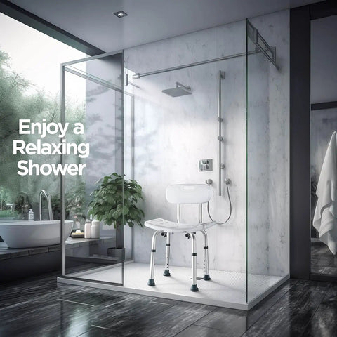 Shower Chair Set Of 3 With Back Scrubber And Sponge, Anti Slip Bath Stool With 8 Adjustable Heights in modern bathroom