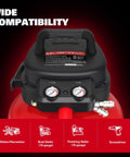 Top view of 6 Gallon Pancake Air Compressor 150 PSI Portable Oil Free With 10 Piece Accessory Kit gauges and connections