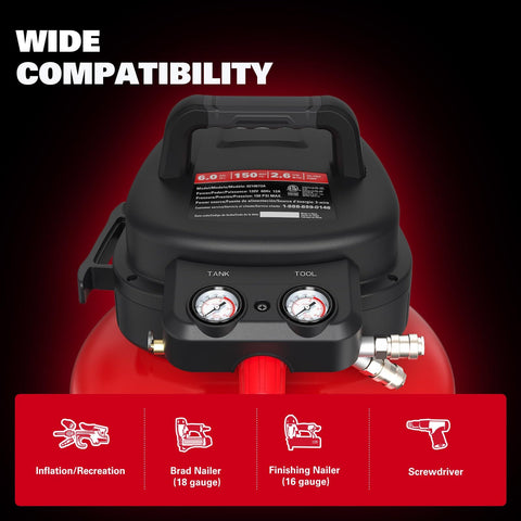 Top view of 6 Gallon Pancake Air Compressor 150 PSI Portable Oil Free With 10 Piece Accessory Kit gauges and connections