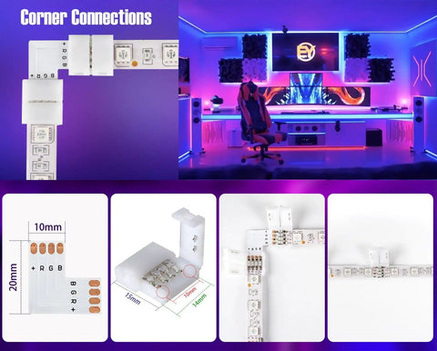 53-Piece LED Strip Connector Kit For 8mm 3528 2835 RGB Rope Lights setup in colorful room with L-shaped connectors