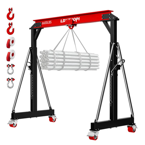 Heavy Duty 3 Ton Gantry Crane 6600 Lbs Heavy Liftin Power With Manual Trolley Hook And Shackles Portable Workshop Hoist holding pipes.