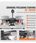 Six Inch Cabbing Machine With 1800 RPM Lapidary Grinder And Polisher Includes Lamp And Water Pump For Jade Stone And Rock Jewelry Making Pro Grade For Grinding And Polishing Necklace Pendants Earrings Rings Ceramic Crafts Dual Diamond Wheels displayed with six grinding wheels and lamp in view.