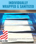 Top Shelf 3 Layer Disposable Face Masks, Individually Wrapped 50 Pack, shown sanitized and sealed in individual packaging.