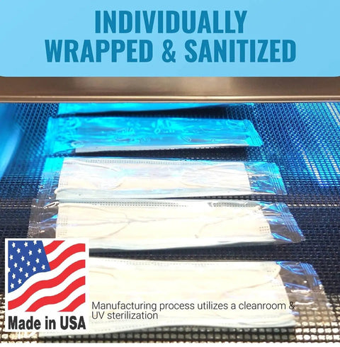 Top Shelf 3 Layer Disposable Face Masks, Individually Wrapped 50 Pack, shown sanitized and sealed in individual packaging.