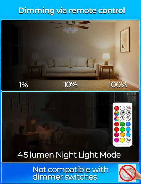 Color Changing RGB LED Light Bulbs Pack Of Four With Remote Control 40W Equivalent showing dimming and night light mode.