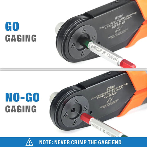 Top Notch IWISS Diesel Grade Deutsch Crimper For Heavy Duty 12 To 26 AWG Wiring showing GO and NO-GO gaging for precision crimping.
