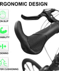 Close-up of lock-on mountain bike grips with bar ends showing non-slip ergonomic design, ideal for MTB, BMX, scooter.