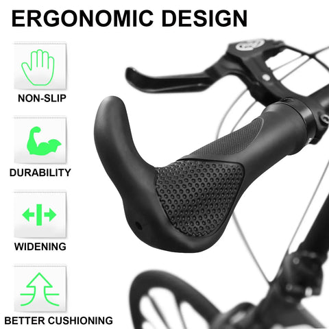 Close-up of lock-on mountain bike grips with bar ends showing non-slip ergonomic design, ideal for MTB, BMX, scooter.