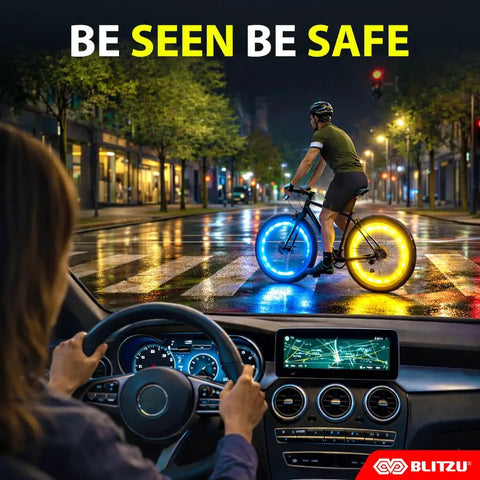 LED Bike Wheel Lights Set For Night Riding 2 Tire Pack With 7 Color Modes And Disco Spoke Patterns on city street