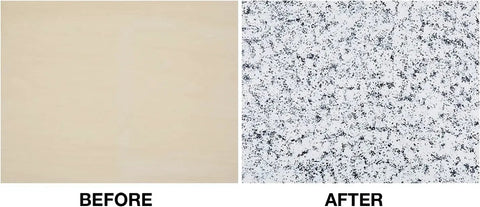 Before and after of countertop makeover using Granite Look Countertop Paint Kit White Diamond Finish DIY Refresher For Kitchen And Bathroom