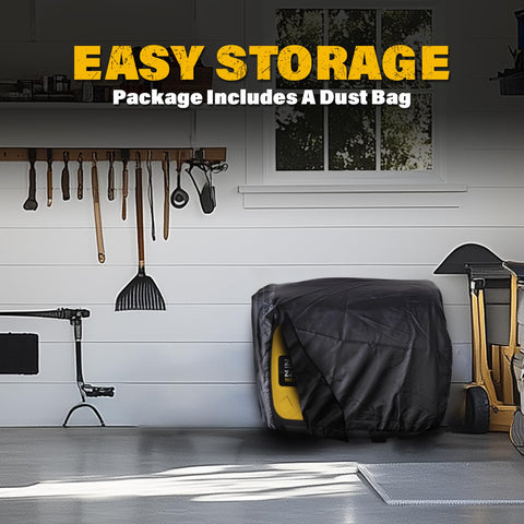 Easy storage of 2400-Watt Portable Inverter Generator For Home Use with dust bag in a garage setting