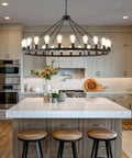 53 Inch Farmhouse Wagon Wheel Chandelier With 24 Lights Rustic Black Round Ceiling Light above kitchen island