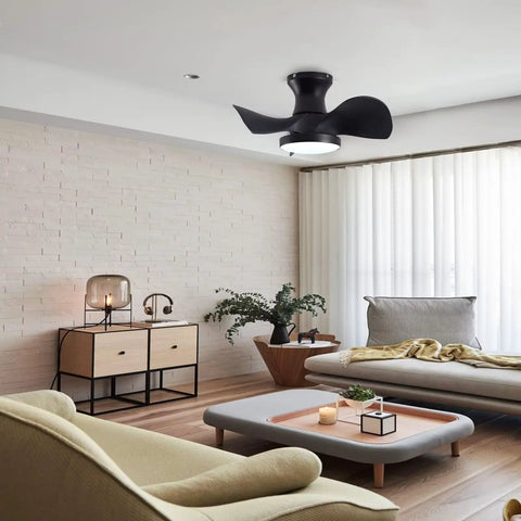 22" Modern Small Ceiling Fan with Light, Matte Black Reversible Energy Saving Silent DC Ceiling Fan Remote Controlled in living space.