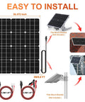 Diagram of 24V 50W Solar Battery Charger Maintainer Kit showing panel size and installation options