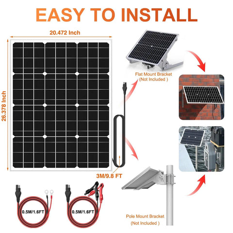 Diagram of 24V 50W Solar Battery Charger Maintainer Kit showing panel size and installation options