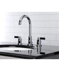 NuvoFusion Widespread Bathroom Faucet With Popup Drain In Polished Chrome on modern black sink, solid brass build, sleek look.