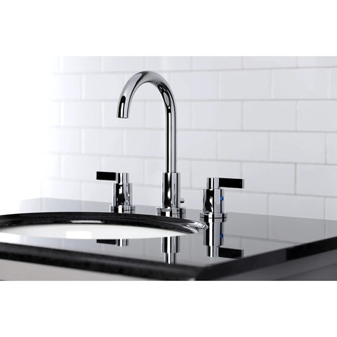 NuvoFusion Widespread Bathroom Faucet With Popup Drain In Polished Chrome on modern black sink, solid brass build, sleek look.