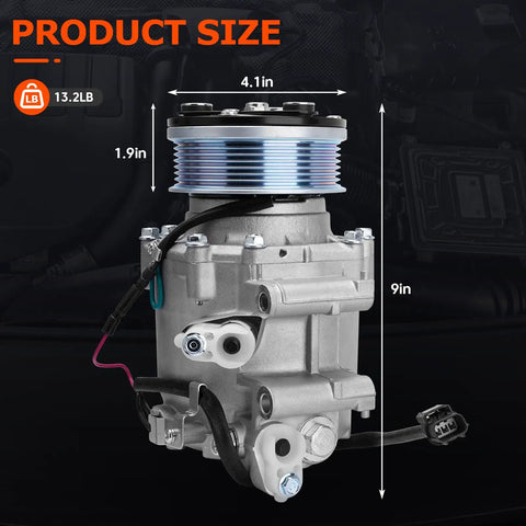 AC Compressor With Clutch Fits 2006 2011 Honda Civic 1.8L Replaces 38800RNAA01, showing dimensions 4.1in x 1.9in x 9in.
