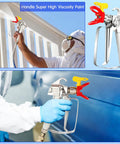 Straight Up Solid Airless Paint Spray Gun Replacement Parts Kit Featuring 3600 Psi Power And Reversible 517 Yellow Tips Along With Red Universal Guards Quarter Inch Swivel Threads Six Pack For Fast Jobs in use for high viscosity paint application.