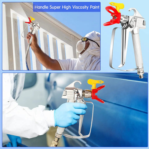 Straight Up Solid Airless Paint Spray Gun Replacement Parts Kit Featuring 3600 Psi Power And Reversible 517 Yellow Tips Along With Red Universal Guards Quarter Inch Swivel Threads Six Pack For Fast Jobs in use for high viscosity paint application.