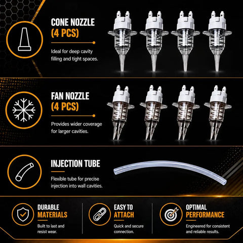 Solid Open Cell Injection Foam Insulation Kit with cone nozzles and injection tube for precise wall cavity filling.