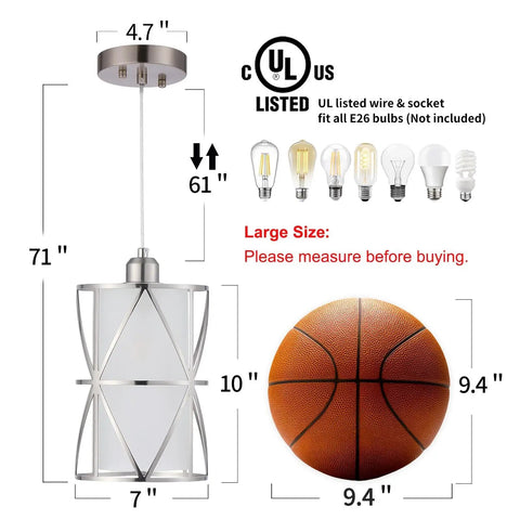 Modern Cylindrical Pendant Light With Frosted Glass Shade In Brushed Nickel For Kitchen Island Lighting Hanging Over Island Foyer And Dining Room Soft Warm Glow And Sleek Contemporary Vibe Easy Install dimensions and bulb types displayed