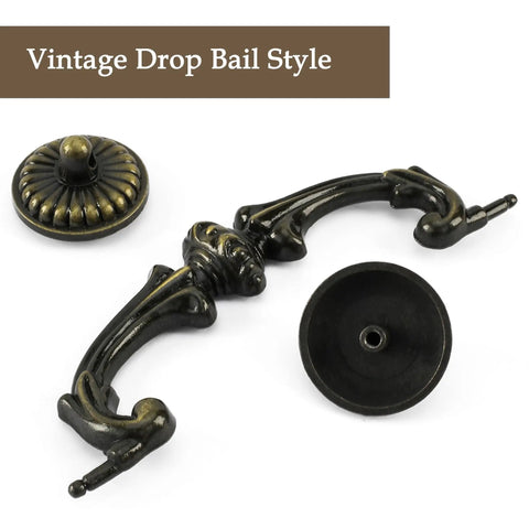 Close-up of Oil Rubbed Bronze 6 Pack Drawer Pulls With Vintage Drop Bail Handles 5 Inch Hole Centers Cabinet Hardware pieces