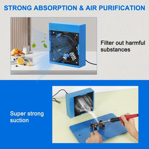 Pro Grade Solder Fume Extractor with 12V Power filtering harmful substances in use during soldering with visible smoke extraction.